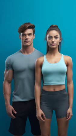 Full length of beautiful young couple embracing while standing against blue background : Generative AIの素材