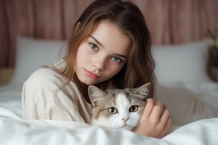 Feeling playful Attractive young woman playing with her cat while lying in bed at home : Generative AIの素材