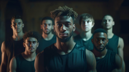 Game is over Group of young men in sports clothing communicating while sitting on the basketball field outdoors : Generative AIの素材