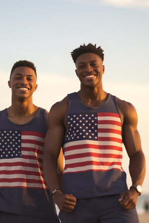 Freedom is in their veins Cheerful young people carrying American flag while running along the beach together : Generative AIの素材