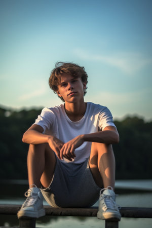Handsome day dreamer Thoughtful young man holding hand on chin and looking away while sitting at the riverbank : Generative AIの素材