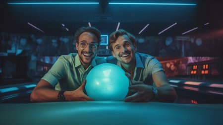 Friendship is always winning in our games Cheerful friends lying down and near their bowling balls and looking at camera : Generative AIの素材