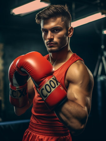 Handsome young man in boxing gloves looking concentrated while standing in gym : Generative AIの素材