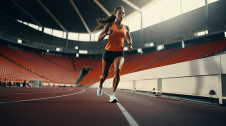 Full length of beautiful young African woman in sports clothing running on track outdoors : Generative AIの素材