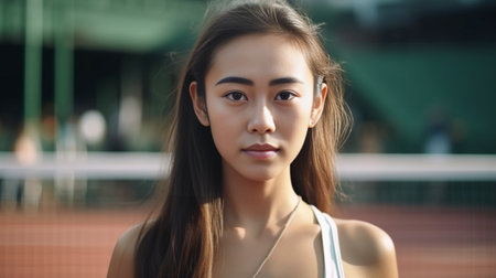 Good game Beautiful young woman in sports clothing carrying tennis racket on shoulder and showing her thumb up while standing on court : Generative AIの素材