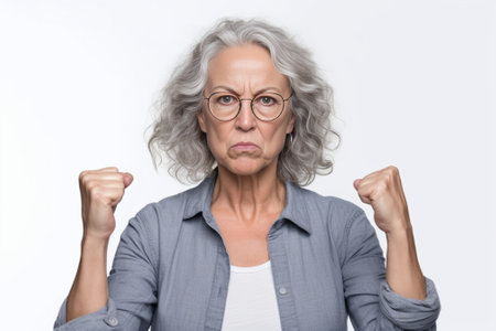 Furious beauty Angry mature woman keeping eyes closed and covering ears with hands while standing against white background : Generative AIの素材