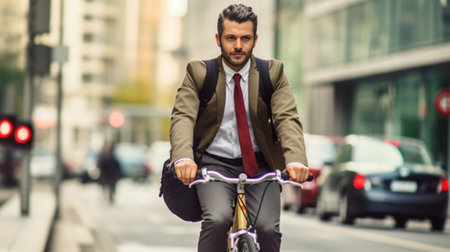 Going everywhere by his bike Side view of young businessman looking forward while riding on his bicycle : Generative AIの素材