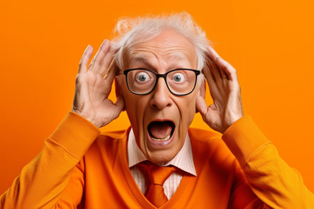 Funky senior man shrugging while standing against orange background : Generative AIの素材
