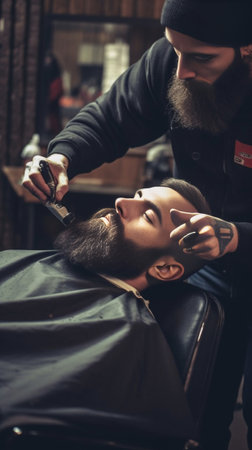 Getting perfect shape Closeup side view of young bearded man getting beard haircut by hairdresser at barbershop : Generative AIの素材
