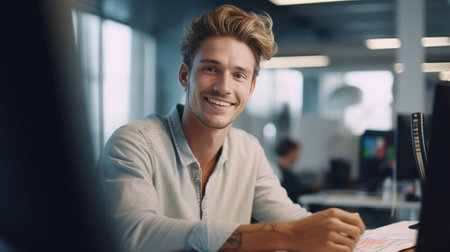 Great working day Handsome young man looking at camera and smiling while sitting on working place in creative office : Generative AIの素材