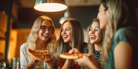 Happy young people eating pizza and smiling while enjoying fun time together : Generative AIの素材