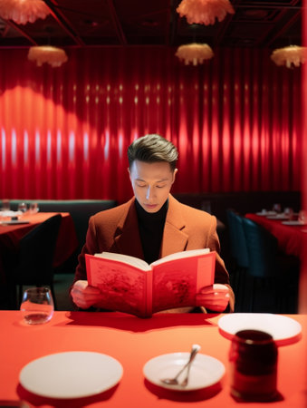 Handsome young businessman in full suit reading menu while sitting in the restaurant : Generative AIの素材