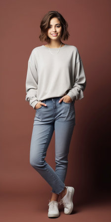 Full length of young short hair woman in denim clothes looking at camera against grey background : Generative AIの素材