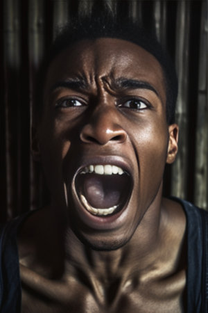Full of emotions Portrait of young excited African man looking at camera with mouth open while standing against black background : Generative AIの素材