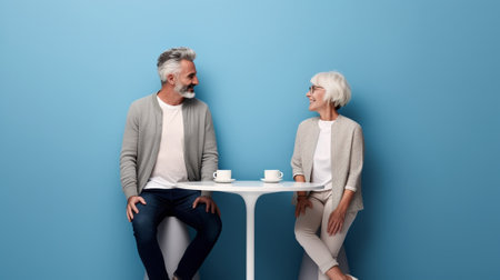 Happy senior couple looking at camera and smiling while standing together against blue background : Generative AIの素材
