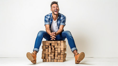 Greeting Full length of good looking young man smiling and keeping arms outstretched while sitting on stool against grey background : Generative AIの素材