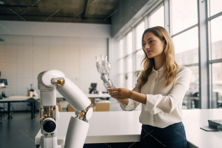 Future is now Confident young woman in virtual reality headset pointing in the air while standing near her working place in office : Generative AIの素材