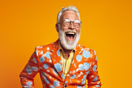 Funky senior man shrugging while standing against orange background : Generative AIの素材