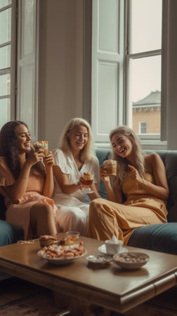 Fun in focus Three beautiful young women making selfie and smiling while sitting on the couch together : Generative AIの素材