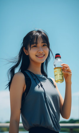 Getting refreshed Full length of modern young woman in sports clothing drinking water while standing outdoors : Generative AIの素材