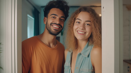 Happy young couple embracing and looking at camera while leaning on the doorway at home : Generative AIの素材