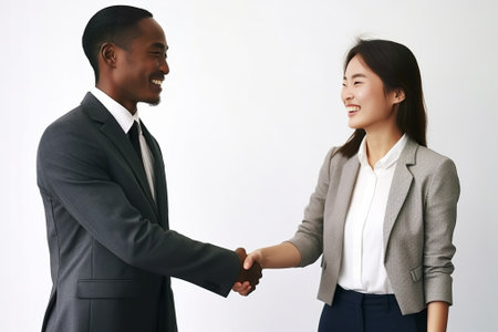 Great job Confident young man standing near whiteboard and shaking hand to his colleague while young woman standing near them and smiling : Generative AIの素材