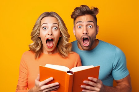Guess who Handsome young man holding book and smiling while woman covering his eyes with hands : Generative AIの素材