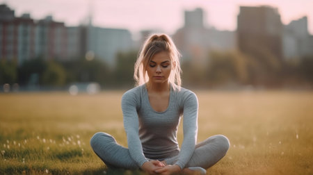 Getting into the yoga groove Modern young woman in sports clothing doing the splits while exercising outdoors : Generative AIの素材