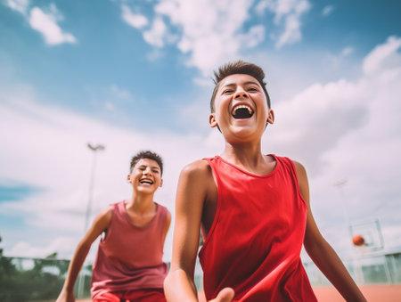 Happy to play Two young men in sports clothing playing basketball while spending time outdoors : Generative AIの素材