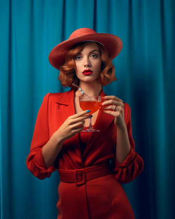 Good surprise Shocked young woman smiling and drinking cocktail while standing against blue background : Generative AIの素材