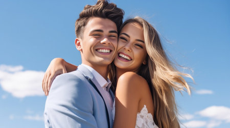Happy to be together Low angle view of beautiful young loving couple standing outdoors together while woman hugging her boyfriend and smiling : Generative AIの素材