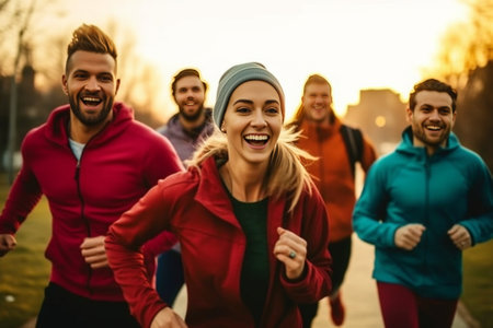 Group of young people in sports clothing jogging together outdoors : Generative AIの素材