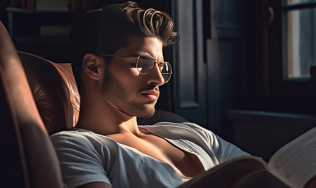 Handsome bookworm Side view of thoughtful young man in shirt and suspenders lying on the floor and reading a book : Generative AIの素材