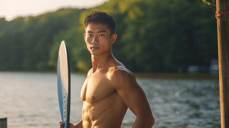 Great day to paddle Handsome young man surfing on his paddleboard and smiling : Generative AIの素材