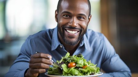 Happy African man looking at the bunch of lettuce while standing against green background : Generative AIの素材