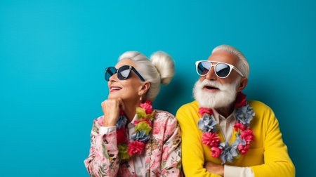 Happy senior couple looking at camera and gesturing while standing together against blue background : Generative AIの素材