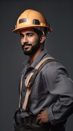 Handyman with clipboard Handsome young handyman in hardhat writing something in his clipboard while standing against grey background : Generative AIの素材