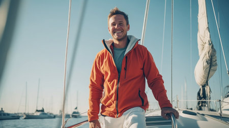 Happy yacht owner Smiling young man holding hand on steering wheel while driving yacht : Generative AIの素材