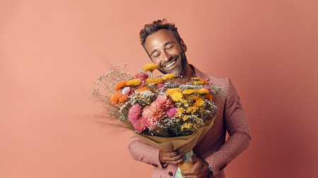 Happy Indian man leaning on copy space and holding bunch of flowers against pink background : Generative AIの素材