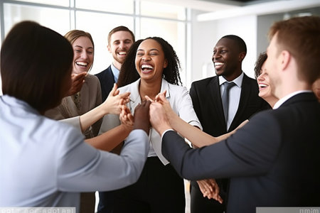 Glad to see you in team Group of young business people working and communicating with each other in office while two men shaking hands and smiling : Generative AIの素材