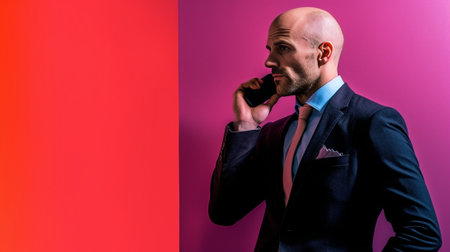Handsome mature man in formalwear talking on mobile phone against pink background : Generative AIの素材