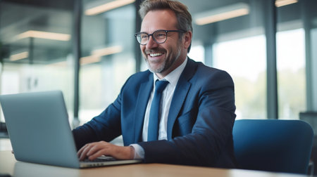 Handsome mature man in formalwear using technologies while sitting in the office : Generative AIの素材