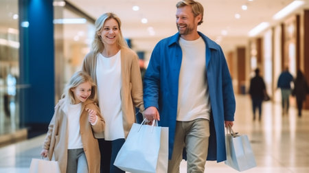 Happy family shopping Cheerful family shopping in shopping mall while little girl showing her shopping bags and smiling : Generative AIの素材