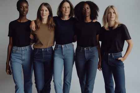 Hands in pockets Close up of five women wearing jeans shorts and holding hands in their pockets while standing against grey background : Generative AIの素材