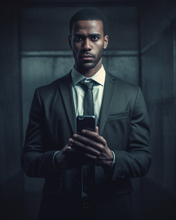 Handsome Indian man holding smart phone against black and white background : Generative AIの素材