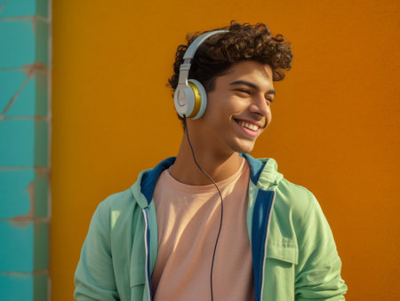Handsome young man in headphones using smart phone and smiling against colorful background : Generative AIの素材