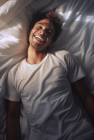 Happy day dreamer Top view of handsome young man in shirt and tie holding hands behind head and smiling while lying in bed : Generative AIの素材