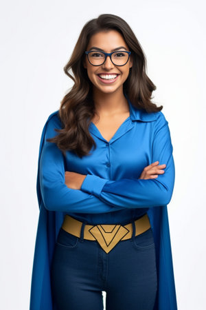Gorgeous and powerful Beautiful young woman in superhero costume looking at camera and keeping arms crossed while standing against white background : Generative AIの素材