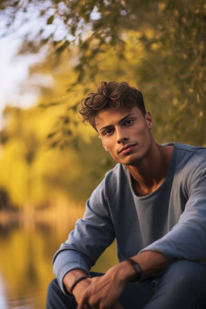 Handsome day dreamer Thoughtful young man holding hand on chin and looking away while sitting at the riverbank : Generative AIの素材