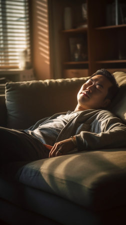 Handsome day dreamer Handsome young man holding hands behind head while sleeping on the couch : Generative AIの素材